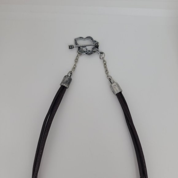 3 Strand Distressed Leather Necklace with Turquoise Pendant with scroll detail - Picture 5 of 7